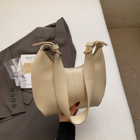 Women PU Leather Hobo Bag Half Moon Crossbody Minimalist Commuter Underarm Shoulder Bag Fashion Retro Solid Color