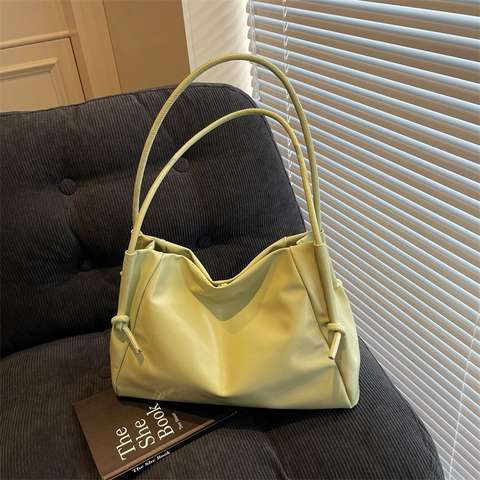 Women Shiny PU Leather Shoulder Bag Large Capacity Tote With Side Knot Decor Slouchy Commuter Bag For College Students