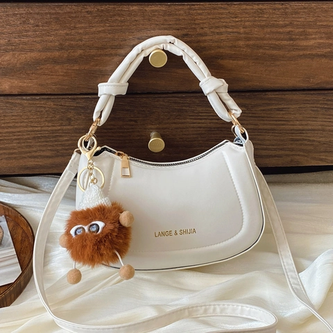 Sac Bandoulière Demi-Lune En Cuir PU Niche Française Pour Femmes Avec Poignée Nouée Et Charme De Monstre En Peluche