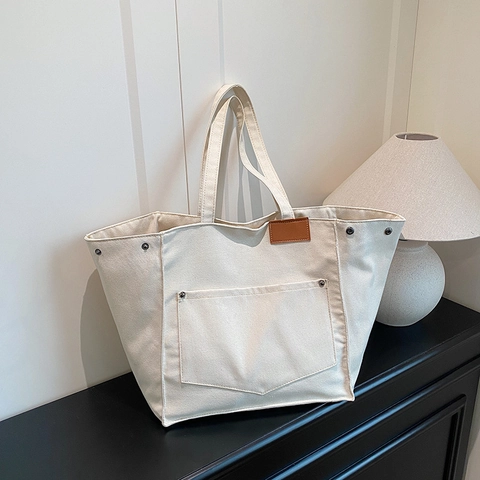 Large Capacity Canvas Tote Bag Contrast Stitching Minimalist Shoulder Handbag With External Pocket Women Daily Commute