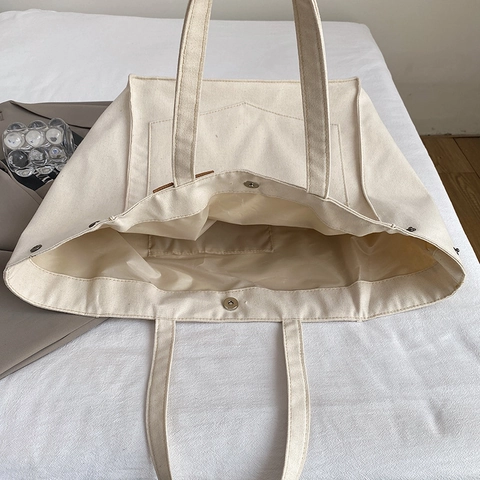 Large Capacity Canvas Tote Bag Contrast Stitching Minimalist Shoulder Handbag With External Pocket Women Daily Commute