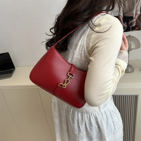 Vintage PU Leather Underarm Shoulder Bag For Women Solid Color Small Square Bag With Gold Piston Lock Adjustable Strap Chic