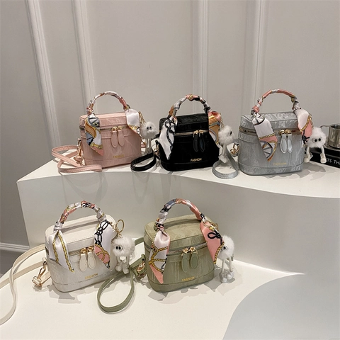 Women's Trendy Mini PU Leather Bucket Bag Marble Pattern Shoulder Bag With Silk Scarf Handle And Plush Charm Handbag