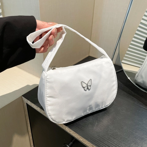 Women Minimalist Nylon Underarm Bag Butterfly Metal Decor Solid Color Y2K Style Shoulder Bag Small Hobo Purse For Daily Travel