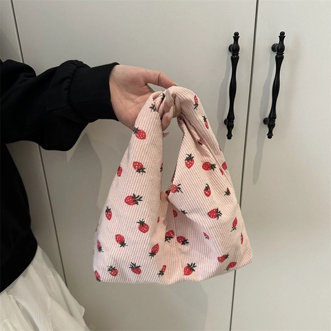 Sac À Main Nœud Femmes Velours Côtelé Toile Imprimé Fraise Sac Poignet Mini Tote Daily Leisure Sweet Fashion Portable