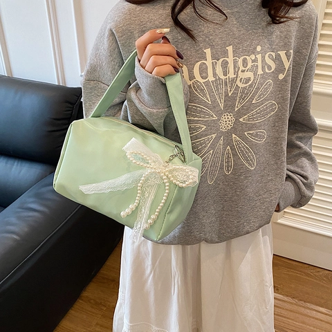 Mini Borsa A Mano Donna In Pelle PU Borsa Quadrata Manico Chic Dolce Pizzo Perla Artificial Fiocco Ciondolo