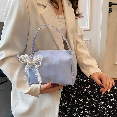 Minimalistisch PU Lederen Okseltas Voor Dames Effen Kleur Casual Woon-werk Schoudertas Met Parel Kant Strik Modieuze Handtas