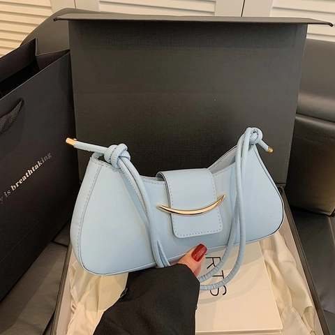 Minimalist Half Moon Underarm Bag PU Leather Gold Crescent Buckle Knotted Strap Retro Shoulder Handbag Women Daily