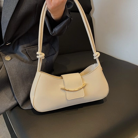 Minimalist Half Moon Underarm Bag PU Leather Gold Crescent Buckle Knotted Strap Retro Shoulder Handbag Women Daily