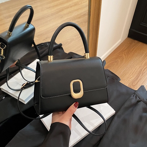 Women PU Leather Small Square Crossbody Bag With Golden Oval Buckle Top Handle Elegant Minimalist Shoulder Handbag