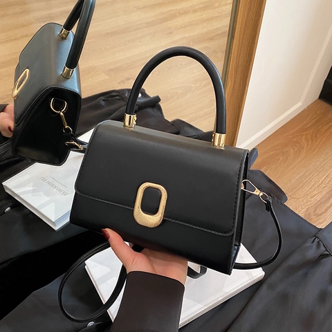 Women PU Leather Small Square Crossbody Bag With Golden Oval Buckle Top Handle Elegant Minimalist Shoulder Handbag