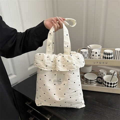 Süße Umhängetasche Mit Rüschen Chiffon Crinkle Stoff Punktmuster Blumenmuster Tote Handtasche Lässige Reisen Für Frauen