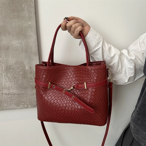 Women Large Capacity Tote Bag PU Leather Woven Texture Commuter Handbag Crossbody Shoulder Straps Golden Buckle
