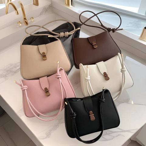 Vintage Underarm Shoulder Bag For Women PU Leather Solid Color Retro Metal Buckle Commuter Baguette Purse With Knot Strap