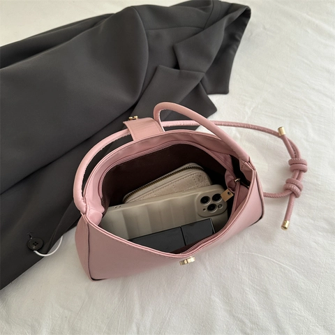 Vintage Underarm Shoulder Bag For Women PU Leather Solid Color Retro Metal Buckle Commuter Baguette Purse With Knot Strap