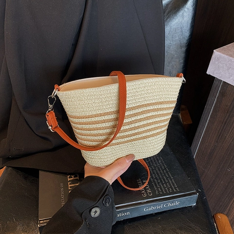 Borsa A Secchiello In Paglia Intrecciata A Strisce Borsa A Tracolla Cinturino In Pelle PU Retrò Casual Vacanze Estive Per Donne