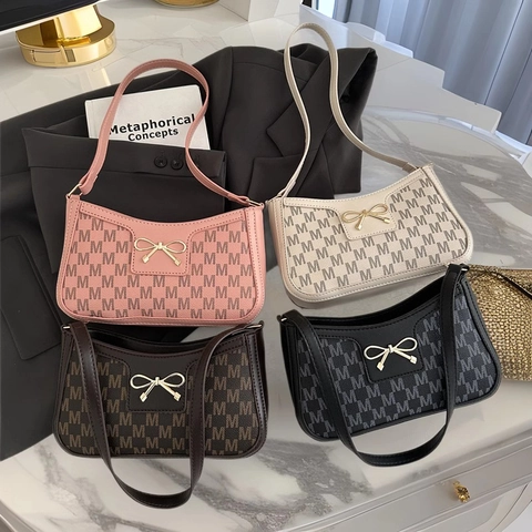 Borsa Sottobraccio Con Stampa Monogramma M Pelle PU Retrò Borsa Baguette Con Fibbia A Fiocco Dorato Piccola Borsa A Mano A Tracolla Versatile