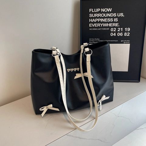 Women PU Leather Tote Bag Bow Ribbon Heart Rivets Large Capacity Shoulder Handbag Korean Fashion Balletcore Style