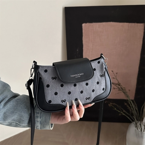 Damen Polka Dot Schleife Patchwork Umhängetasche PU Leder Stoff Minimalistisch Klein Achseltasche Crossbody Mode