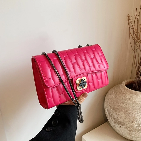 Women Crossbody Bag PU Leather Quilted Texture Flower Metal Lock Chain Strap Elegant Fashion Square Shoulder Bag