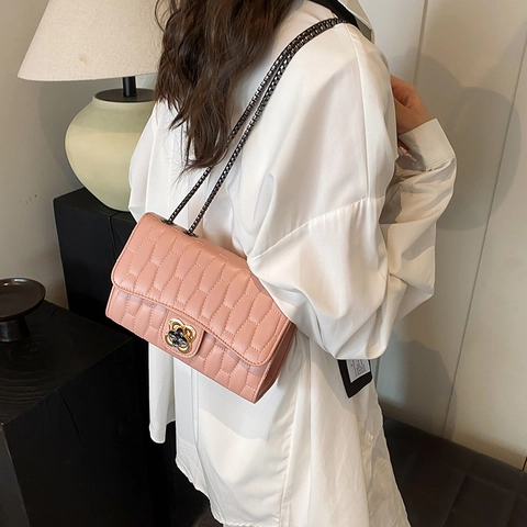 Women Crossbody Bag PU Leather Quilted Texture Flower Metal Lock Chain Strap Elegant Fashion Square Shoulder Bag
