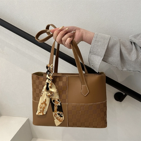 Women PU Leather Colorblock Patchwork Tote Bag Vintage Checkerboard Handbag With Silk Scarf Commute Shoulder Bag