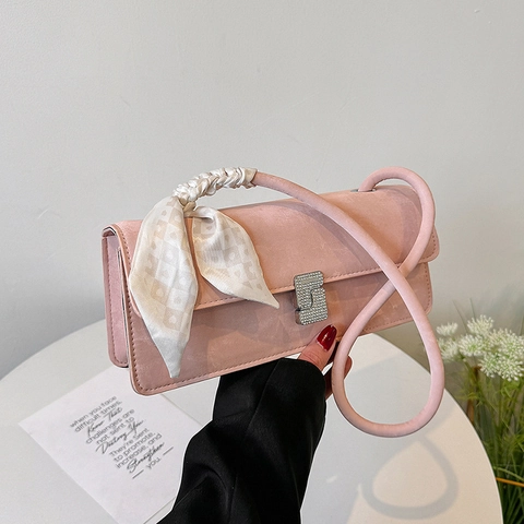 Women Underarm Shoulder Bag Small Square PU Suede Leather With Rhinestone Buckle And Decorative Satin Scarf