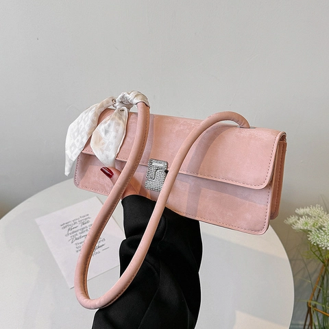 Women Underarm Shoulder Bag Small Square PU Suede Leather With Rhinestone Buckle And Decorative Satin Scarf