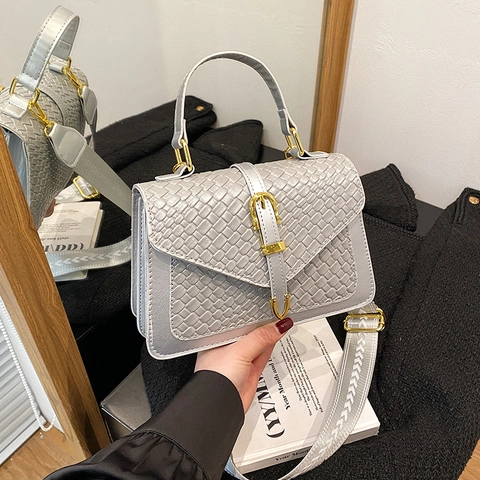 Borsa A Tracolla In Pelle PU Con Trama Intrecciata Piccola Borsa Quadrata Con Tracolla Larga Stampata Chiusura Dorata Versatile