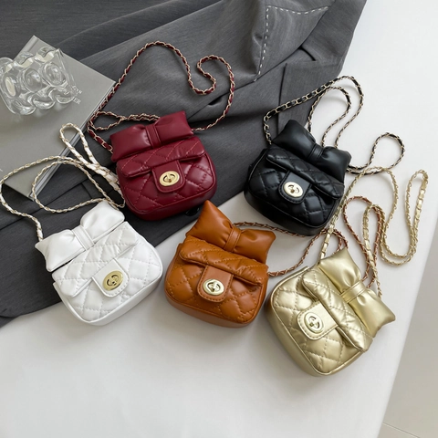 Quilted PU Leather Mini Crossbody Bag With Large Bow Decor Metal Chain Strap Gold Turn-Lock Sweet Elegant For Women