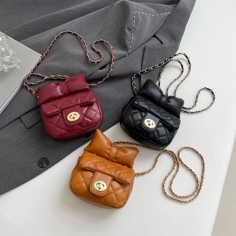 Quilted PU Leather Mini Crossbody Bag With Large Bow Decor Metal Chain Strap Gold Turn-Lock Sweet Elegant For Women