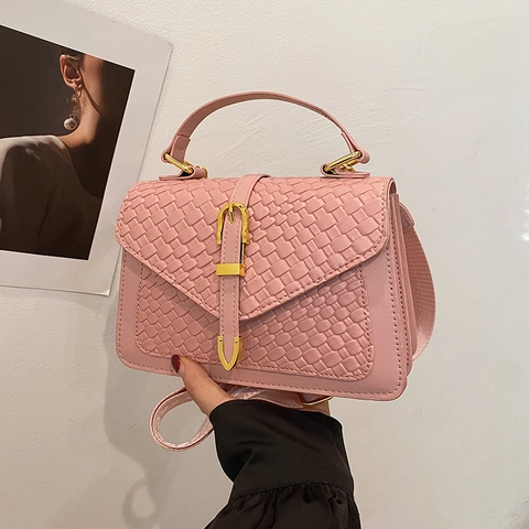 Trend Damen Gewebte PU Leder Umhängetasche Mode Kleine Quadratische Schultertasche Mit Breitem Riemen Handtasche Für Den Alltag