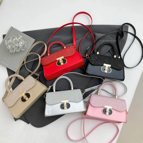 Women Glitter Patchwork Crossbody Handbag PU Leather Small Square Bag With Top Handle And T-Shaped Metal Lock Elegant Purse