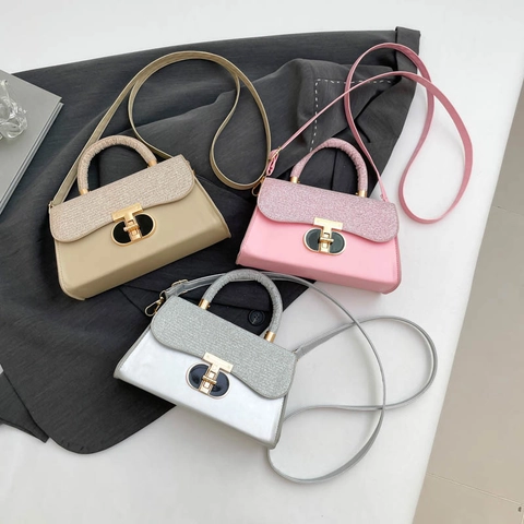 Women Glitter Patchwork Crossbody Handbag PU Leather Small Square Bag With Top Handle And T-Shaped Metal Lock Elegant Purse