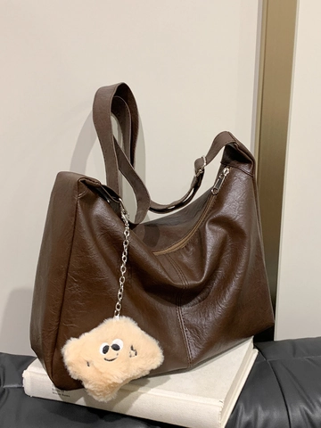 Vintage Hobo Bag Women Large Capacity PU Leather Shoulder Crossbody Bag Minimalist Commuting Tote With Plush Pendant