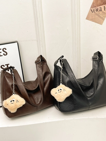 Vintage Hobo Bag Women Large Capacity PU Leather Shoulder Crossbody Bag Minimalist Commuting Tote With Plush Pendant