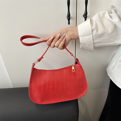 Sac Porté Épaule Sous L Aisselle En Similicuir Croco Rétro Petit Sac Hobo Style Baguette Pour Femmes