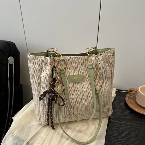 Grand Sac Fourre-Tout Tissé En Paille Femmes Vacances D'Été Sac À Épaule Avec Poignée À Chaîne Et Garniture En Cuir Mode
