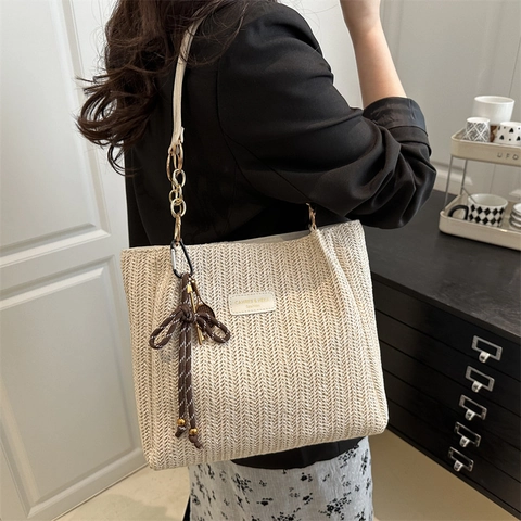Bolso Tote de Paja Tejido Vintage Gran Capacidad Bolso de Hombro Con Cadena Moda Playa Bolso de Mano Para Mujeres Vacaciones