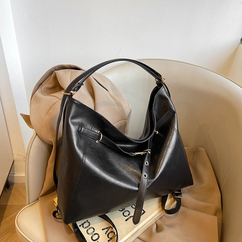 Large Capacity Retro Hobo Bag For Women Solid Color Polyurethane Shoulder Bag Casual Commute Tote Bag With Metal Buckle