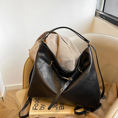 Large Capacity Retro Hobo Bag For Women Solid Color Polyurethane Shoulder Bag Casual Commute Tote Bag With Metal Buckle