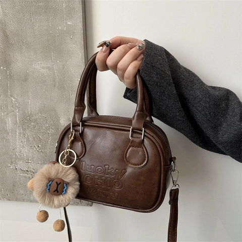 Women Retro PU Leather Bowling Bag With Lucky Ohio Letter Embossing Adjustable Shoulder Strap Small Top Handle Crossbody Bag Casual Handbag