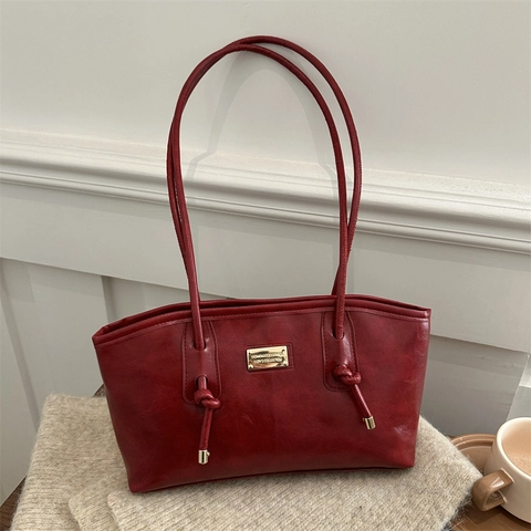French Retro Women PU Leather Underarm Shoulder Bag Fashion Solid Color Large Capacity Commuter Tote With Metal Plate