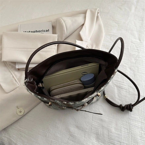 Borsa A Secchiello Vintage A Quadri Per Donna Tweed Materiale Spalla Borsa Tracolla Stile Casual Autunno Inverno