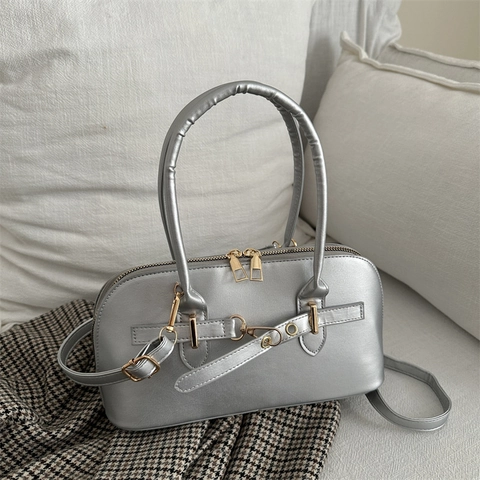 Retro PU Leather Bowling Handbag Gold Tone Hardware Zipper Closure Dual Handles Detachable Shoulder Strap Women Urban