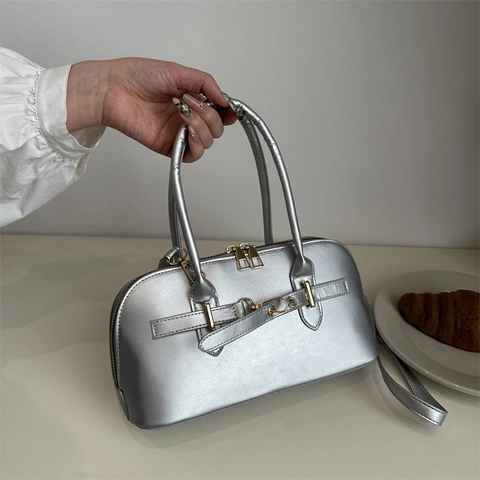 Retro PU Leather Bowling Handbag Gold Tone Hardware Zipper Closure Dual Handles Detachable Shoulder Strap Women Urban