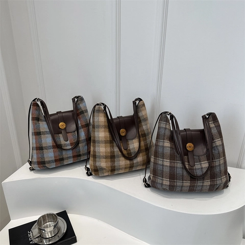Borsa Tote in Lana a Quadri Vintage per Donna Stile Preppy Retro Giunzione Pelle Sintetica Borsa a Spalla Grande Capacità