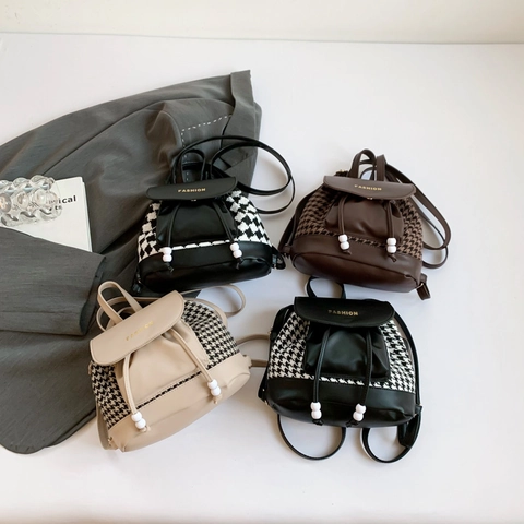 Vintage Mini Rucksack Houndstooth Patchwork PU Leder Kordelzug Klappe Für Tägliche Reise Mode Frauen