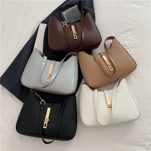 Women PU Leather Underarm Shoulder Bag Vintage Hobo Handbag With Gold Metal Chain Lock Solid Color Retro Fashion