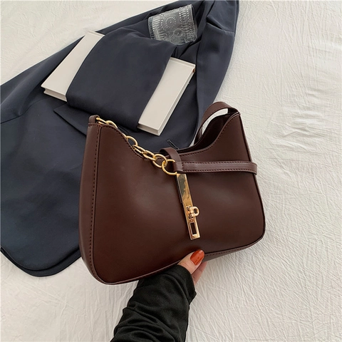 Women PU Leather Underarm Shoulder Bag Vintage Hobo Handbag With Gold Metal Chain Lock Solid Color Retro Fashion
